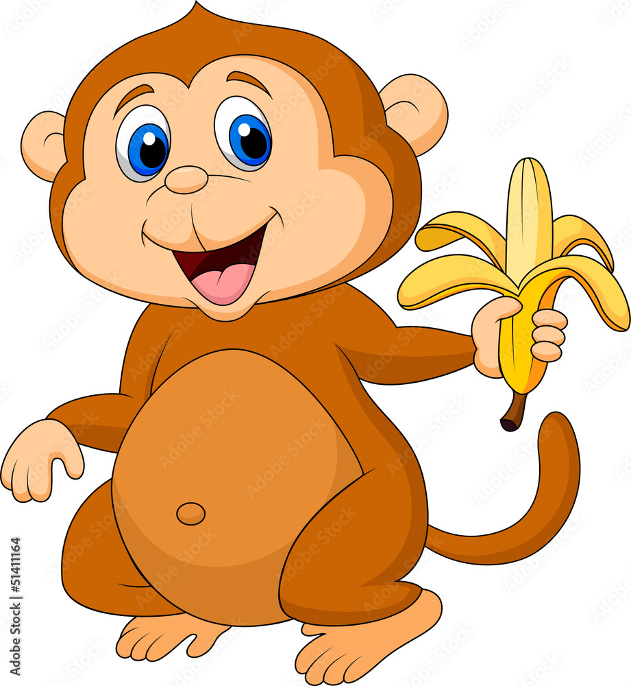 Naklejka premium Cute monkey cartoon eating banana