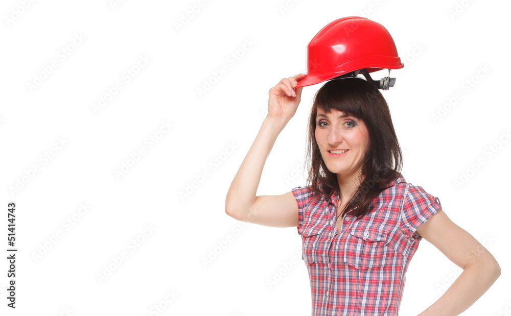 Woman holding red helmet Woman holding red helmet