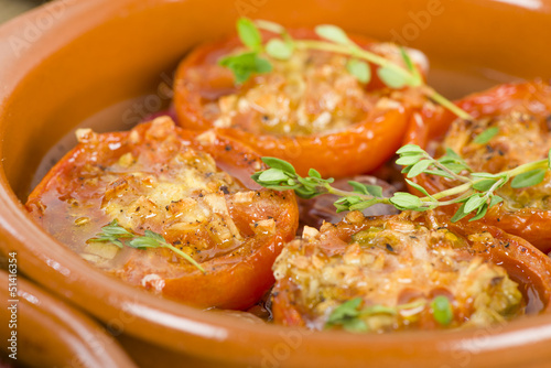 Tomates al Ajillo (Tomatoes with garlic). Spanish tapas dish.