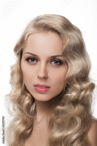 beautiful blonde girl on white background close-up