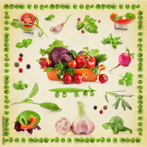 Background of vegetables on textured paper  Print on a napkin 