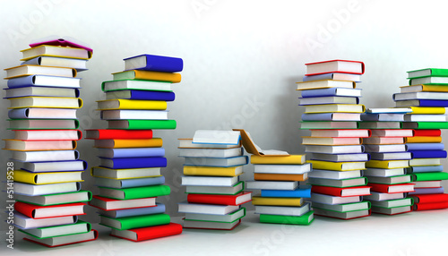 3d illustration of books piles and wall