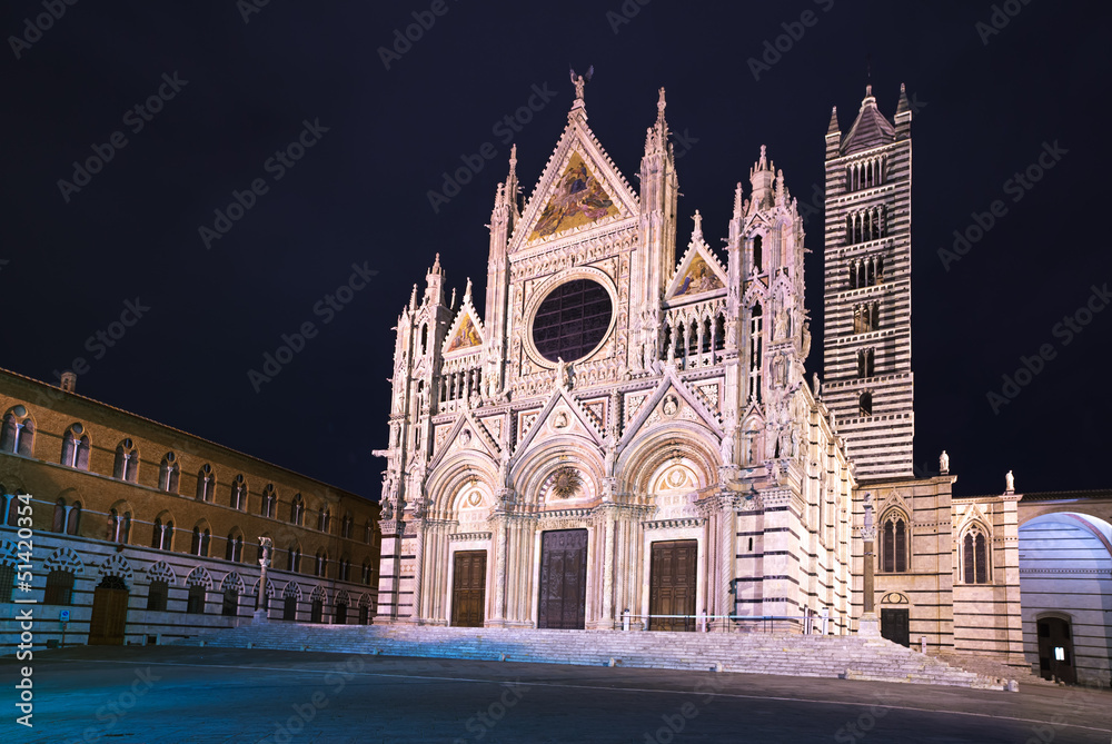 Siena Cathedral Duomo landmark, night photography. Tuscany, Ital