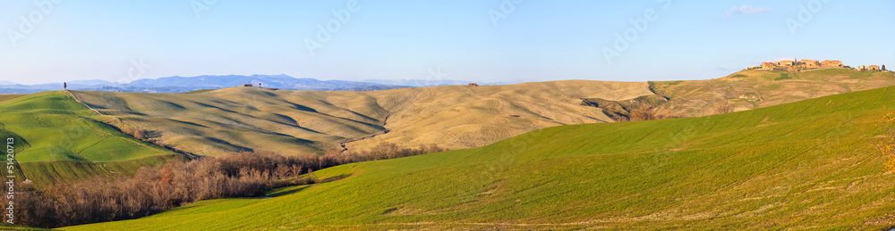 Italian panorama. Cypress tree and rolling hills rural landscape
