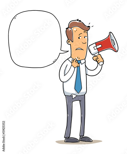 nervous public speaker. confused man with a megaphone