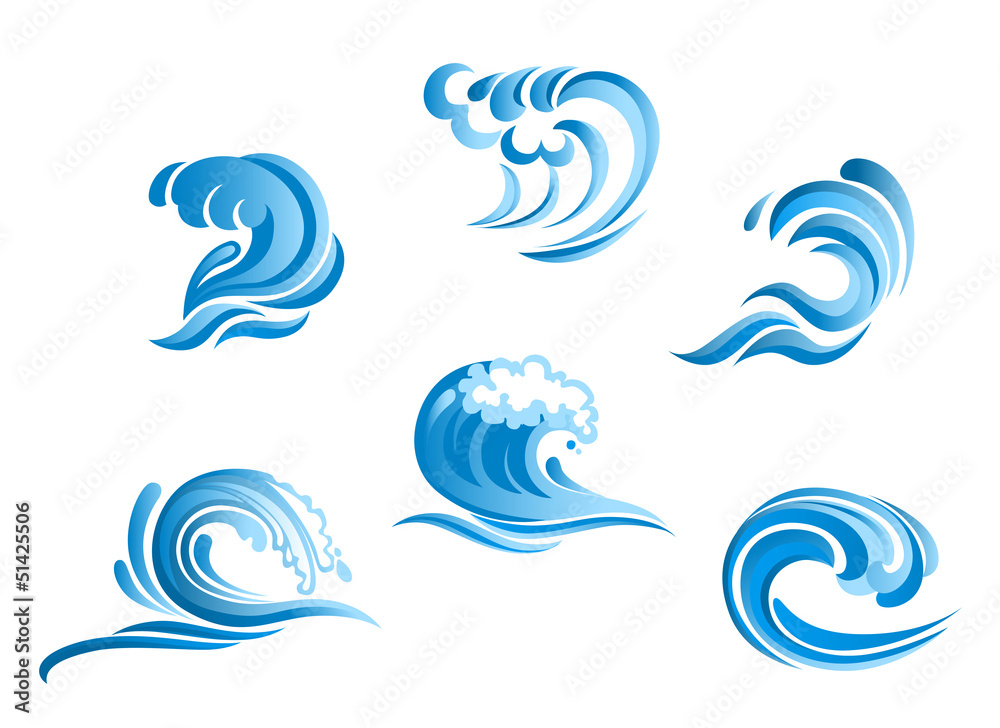 Set of blue surf ocean waves