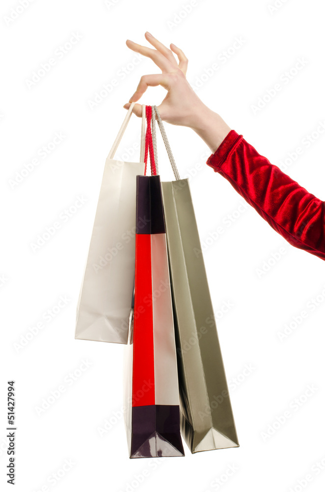 Hand of a woman holding shopping bags.