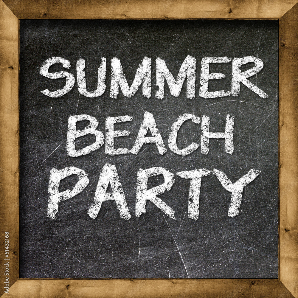 Fototapeta premium Summer beach party handwritten with white chalk on a blackboard.
