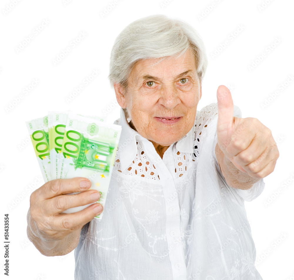 happy old woman with money and thumbs up. isolated