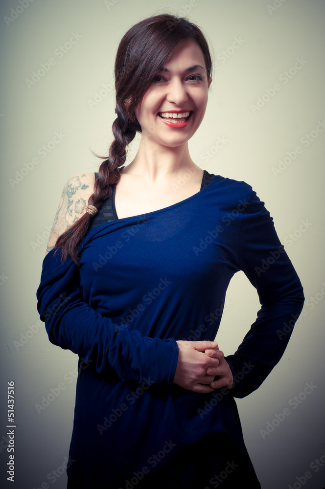 portrait of beautiful girl with long hair and blue sweater portrait of beautiful girl with long hair and blue sweater