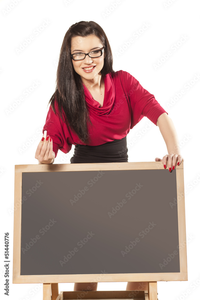girl with glasses, behind an empty table to show something girl with glasses, behind an empty table to show something