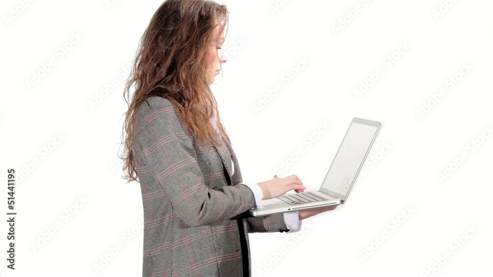 Secretary typing on a laptop on white background Secretary typing on a laptop on white background