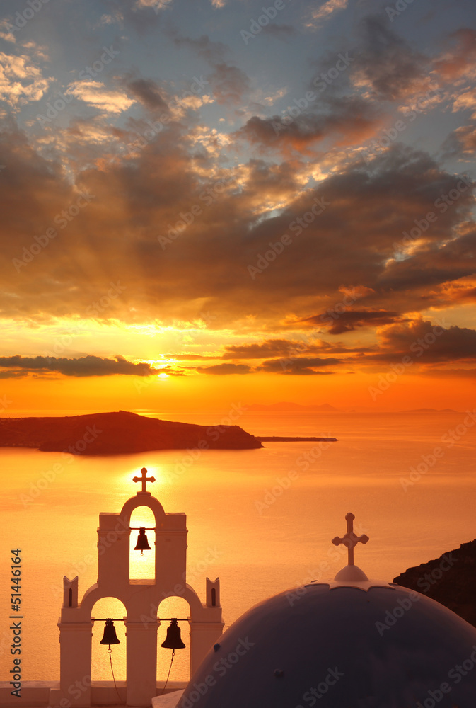 Santorini island with colorful sunset in Greece