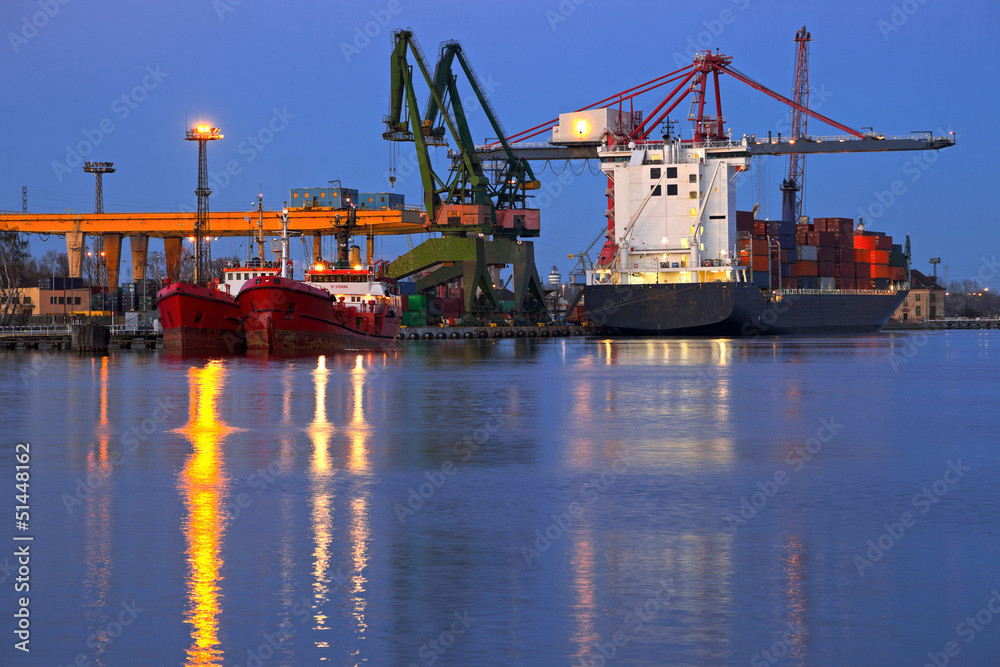 Cargo terminal at night in port Gdansk, Poland.