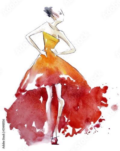 Red dress fashion illustration, watercolor painting