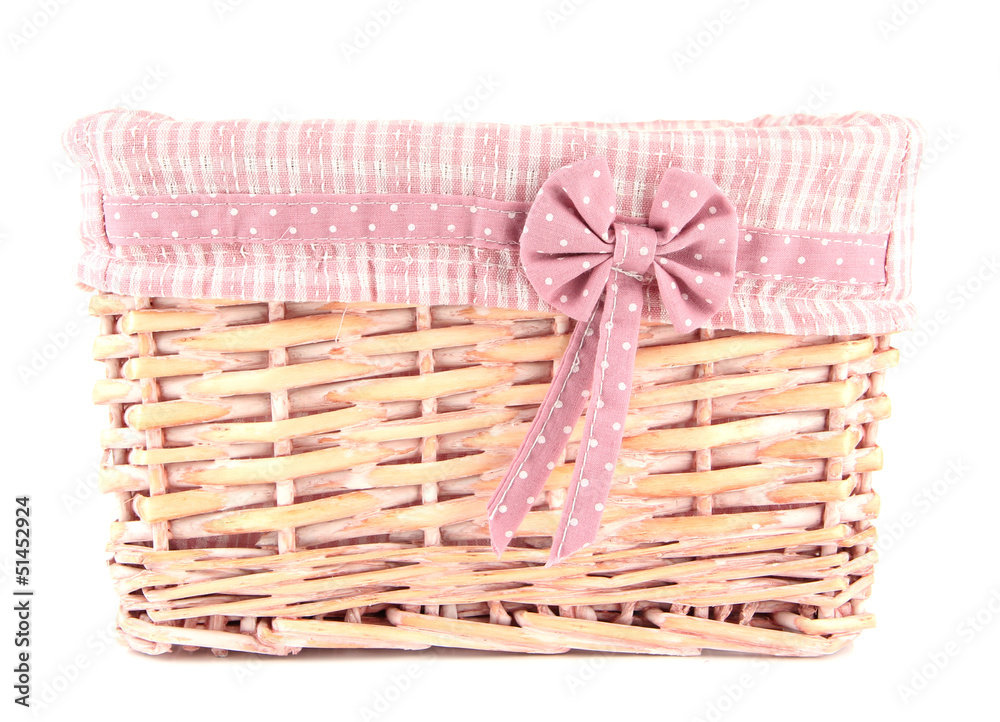 Beautiful basket with bow isolated on white Beautiful basket with bow isolated on white