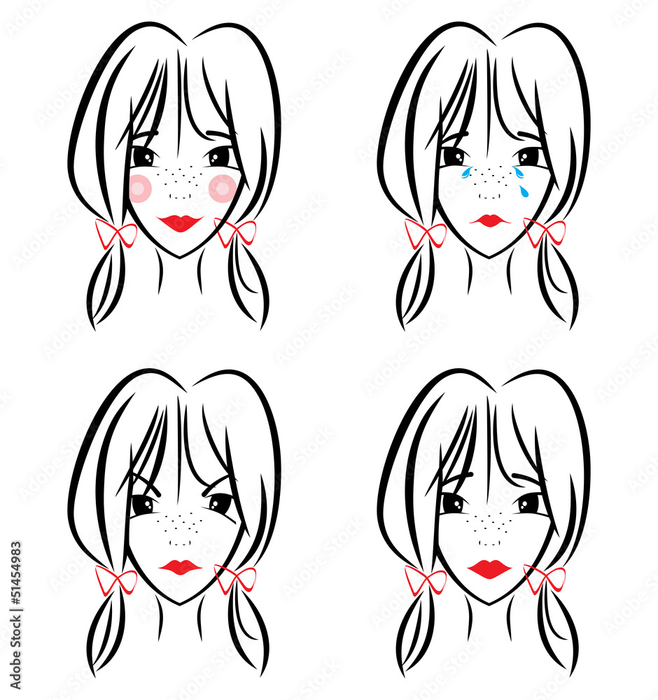 Illustration of the different moods of a young girl Illustration of the different moods of a young girl