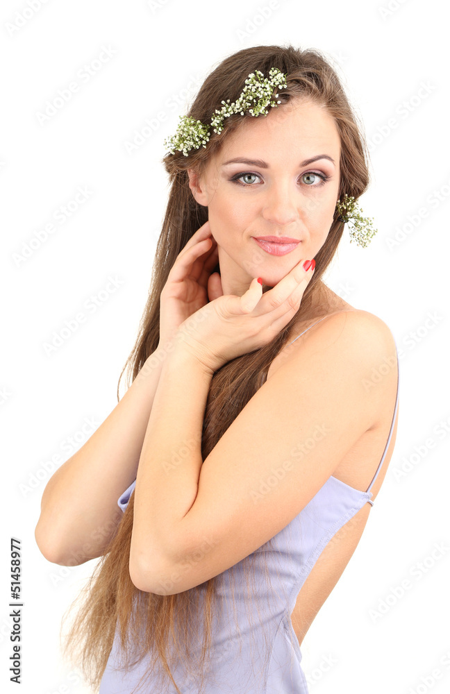 Young woman with beautiful hairstyle and wreath, isolated Young woman with beautiful hairstyle and wreath, isolated