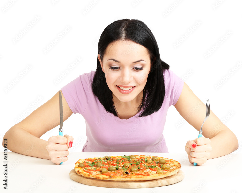 Beautiful girl wants to eat pizza isolated on white