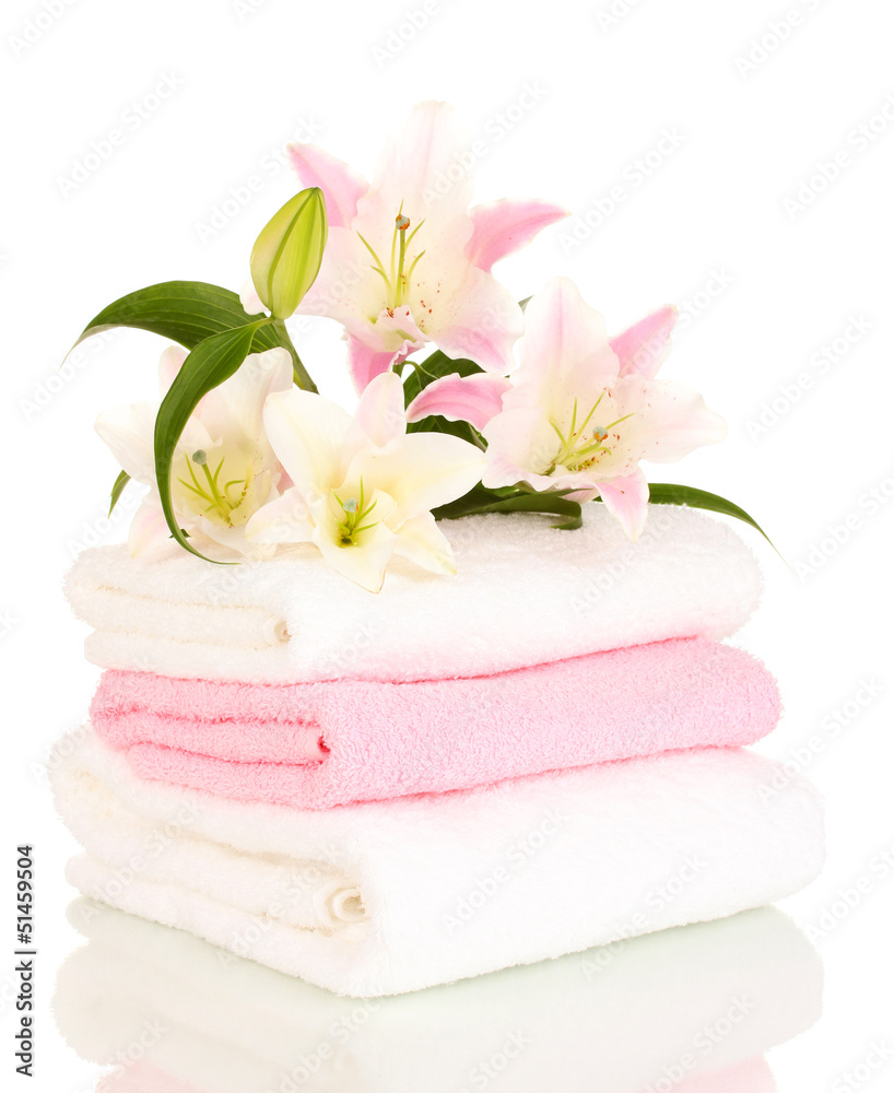 beautiful lily on towel isolated on white