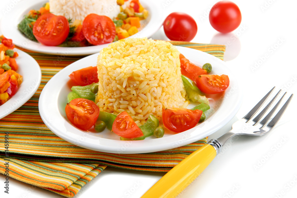 Delicious risotto with vegetables isolated on white Delicious risotto with vegetables isolated on white