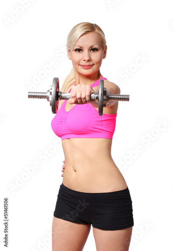 fitness girl with dumbbell. happy blonde lifting weights