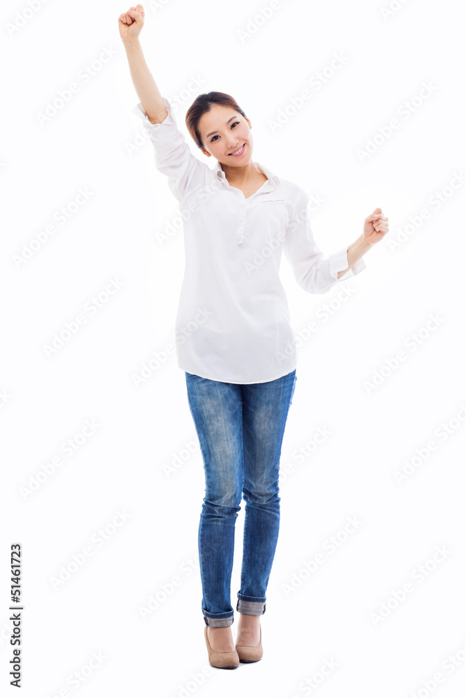 Happy young asian woman hands up shot