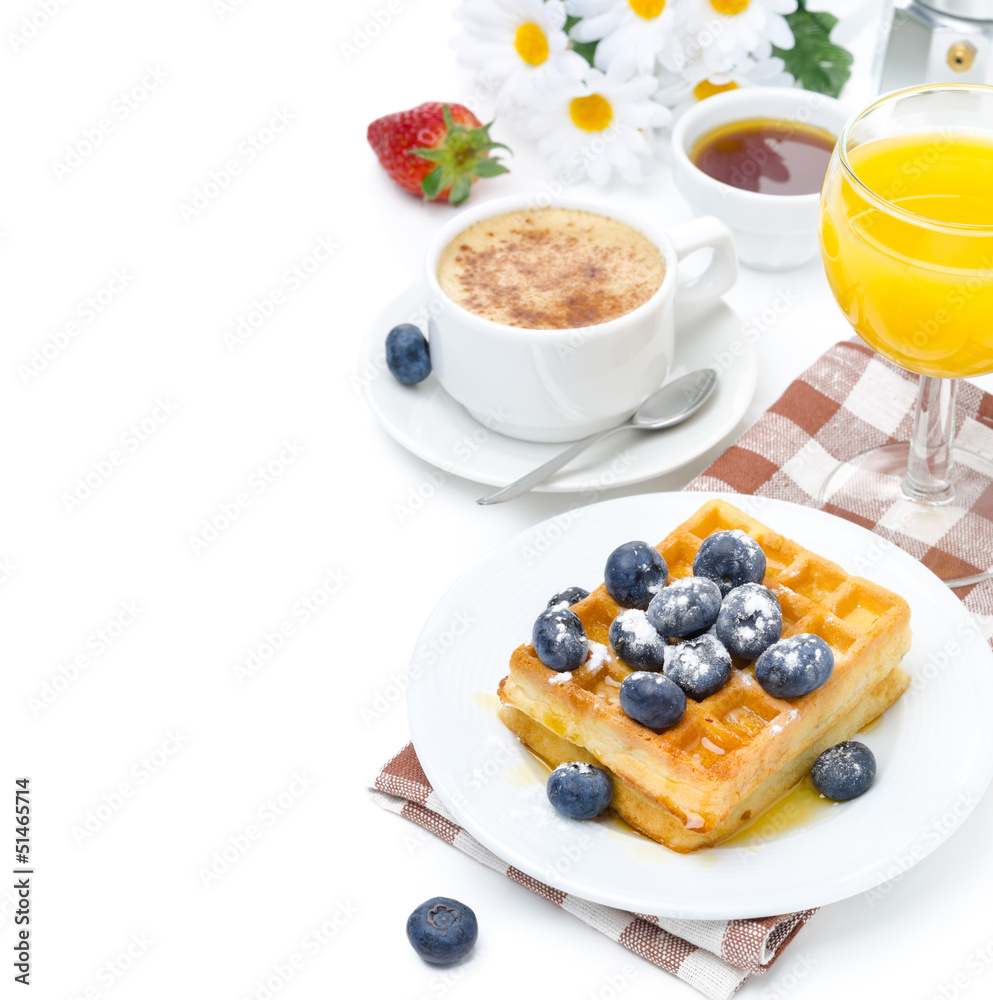 Belgian waffles with blueberries, cup of cappuccino