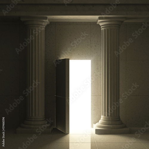 Classic Ancient Interior with Columns and Opened Secret Door