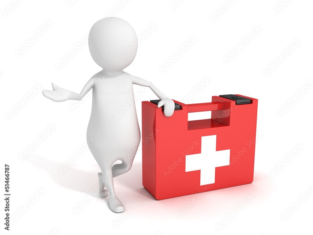 white 3d man with first aid help medical kit white 3d man with first aid help medical kit