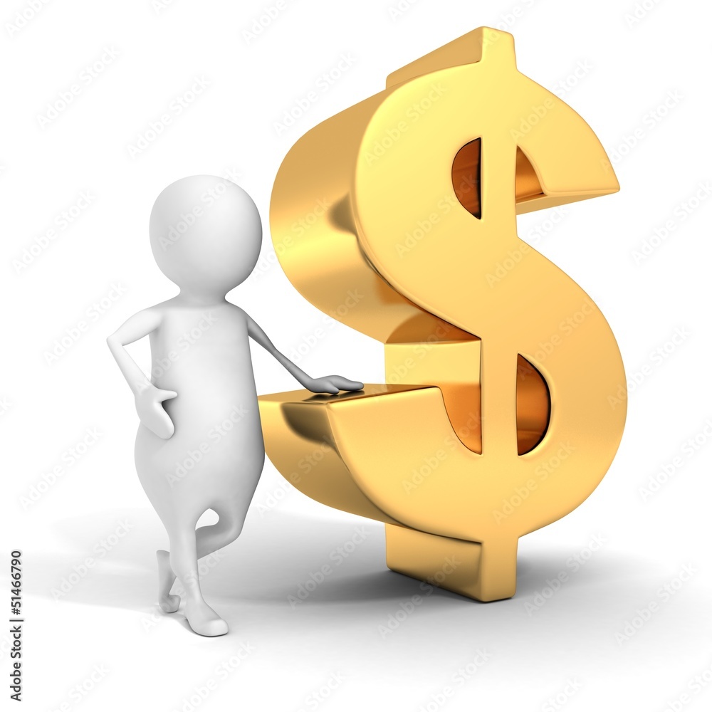 3d man with gold dollar sign on white background 3d man with gold dollar sign on white background