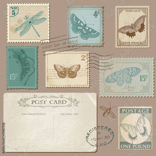 Vintage Postcard and Postage Stamps with Butterflies