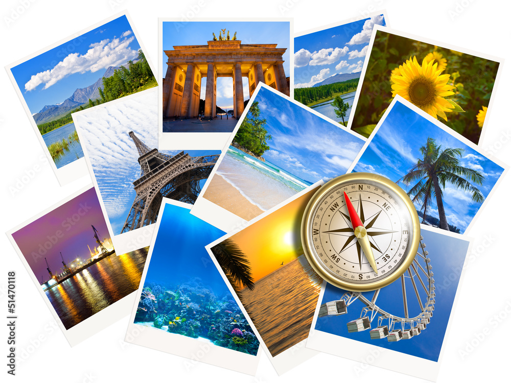 Traveling photos collage with gold compass isolated on white