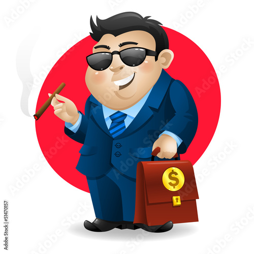 Businessman smoking cigar and holds suitcase