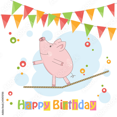 Funny little pig on the tightrope. Vector illustration.