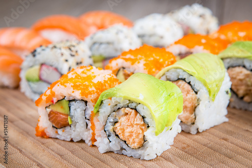 Variation of tasty sushi rolls