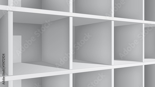 Empty white shelves, perspective view