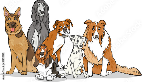 cute purebred dogs group cartoon illustration