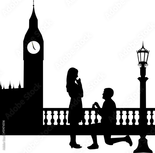 Romantic proposal in London in front of Big Ben silhouette