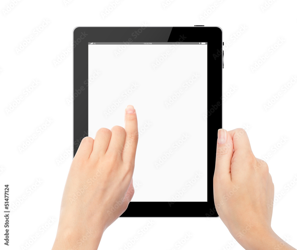 female hands holding a tablet touch computer gadget with isolate female hands holding a tablet touch computer gadget with isolate