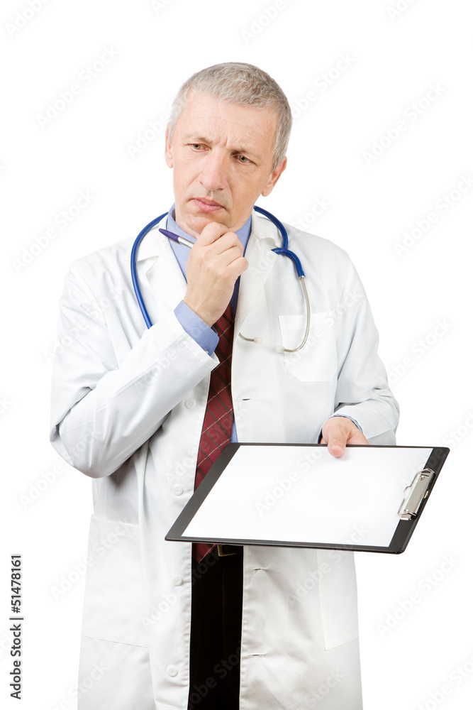 Mature doctor with blank sheet of paper Mature doctor with blank sheet of paper