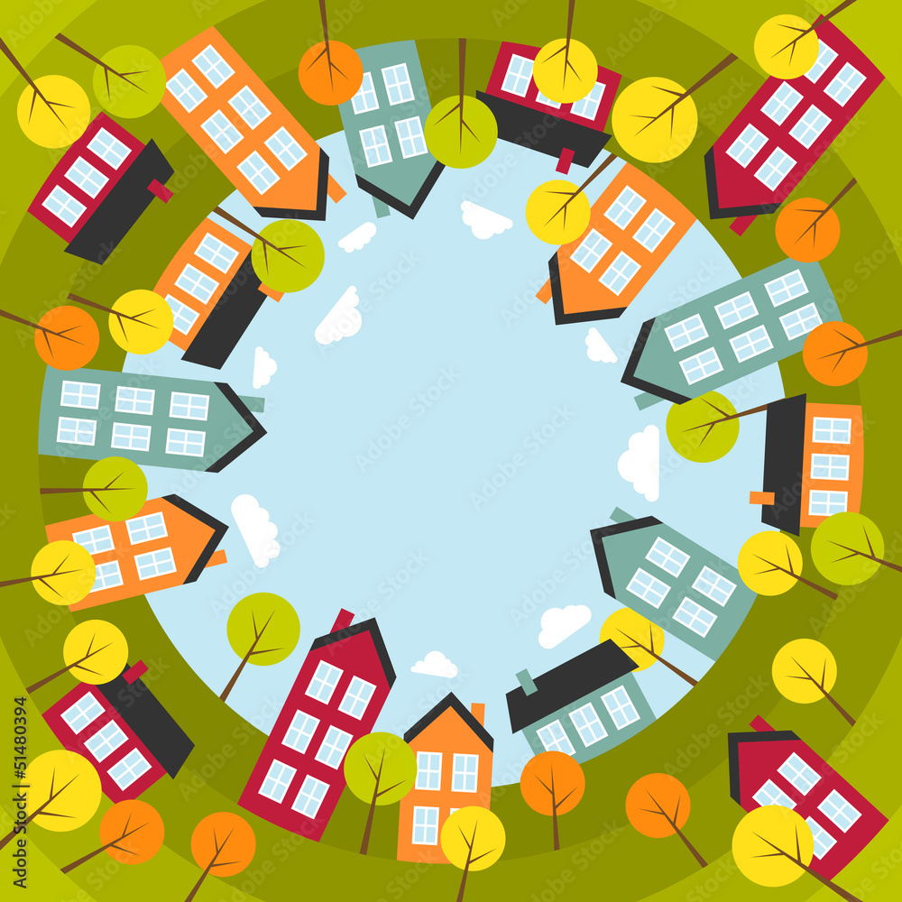 Small spherical town. Vector illustration.