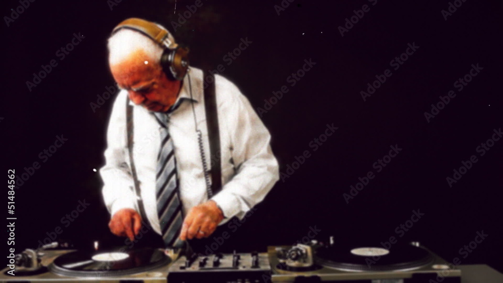 very funky elderly grandpa dj mixing records