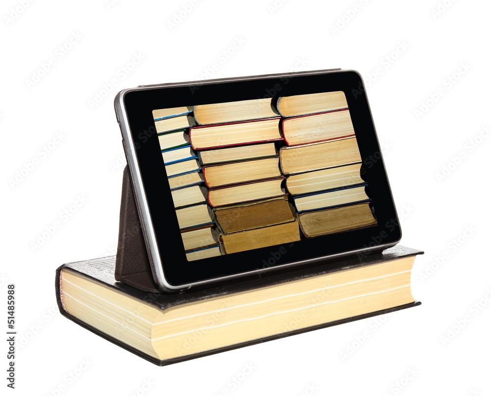 The Tablet-PC with stacks of books on the screen The Tablet-PC with stacks of books on the screen