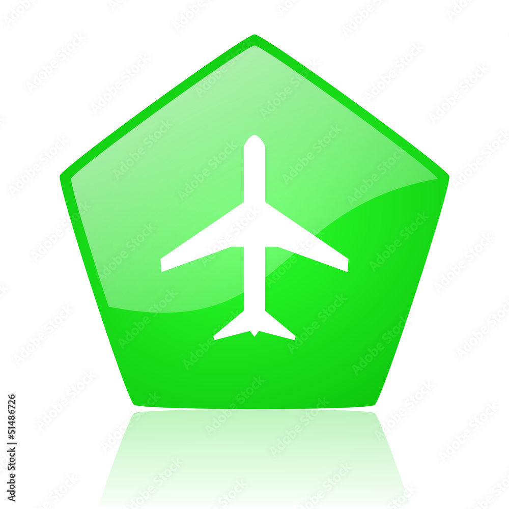 airplane green pentagon web glossy icon