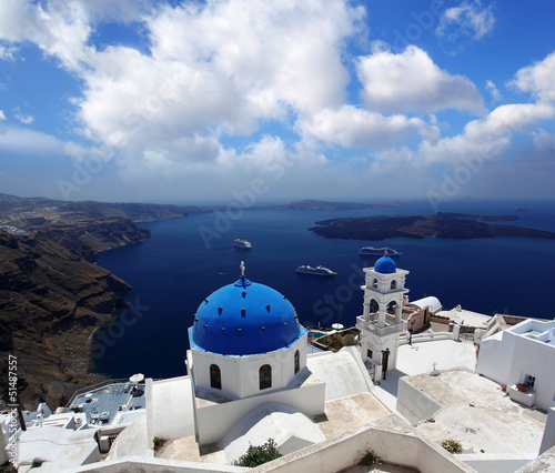 Santorini with churches and sea view in Greece