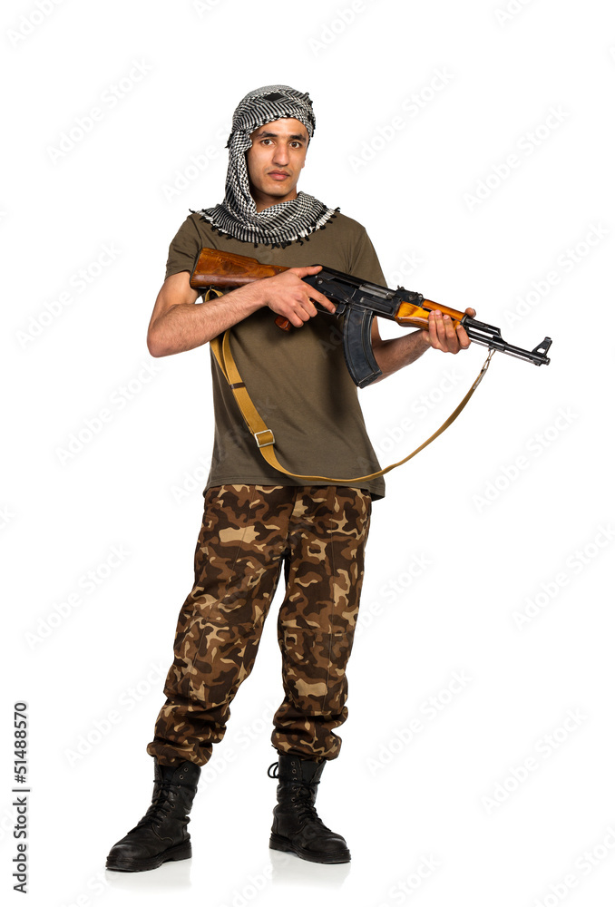 Terrorist with automatic gun on white background Terrorist with automatic gun on white background
