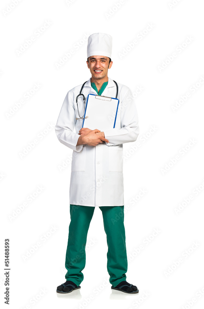 Portrait of doctor with health record on white background Portrait of doctor with health record on white background
