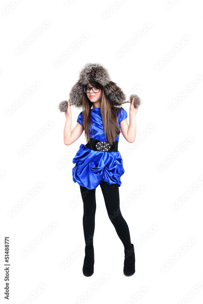 nice teen in fur hat with pompons