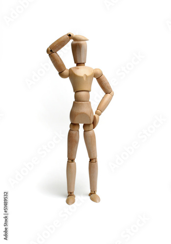 Wondering or Confused Mannequin wooden man over white